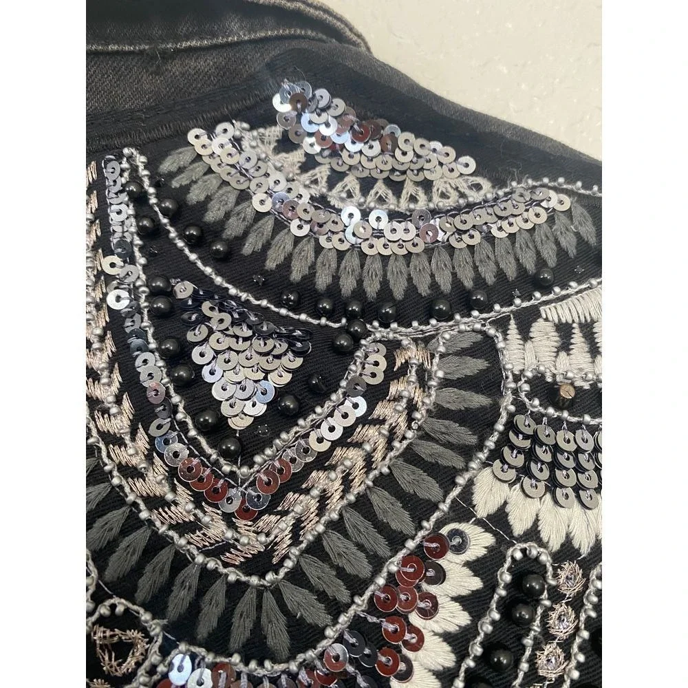 Karl Lagerfeld for Falabella Black Acid‎ Wash Embellished Denim Jacket Sequin